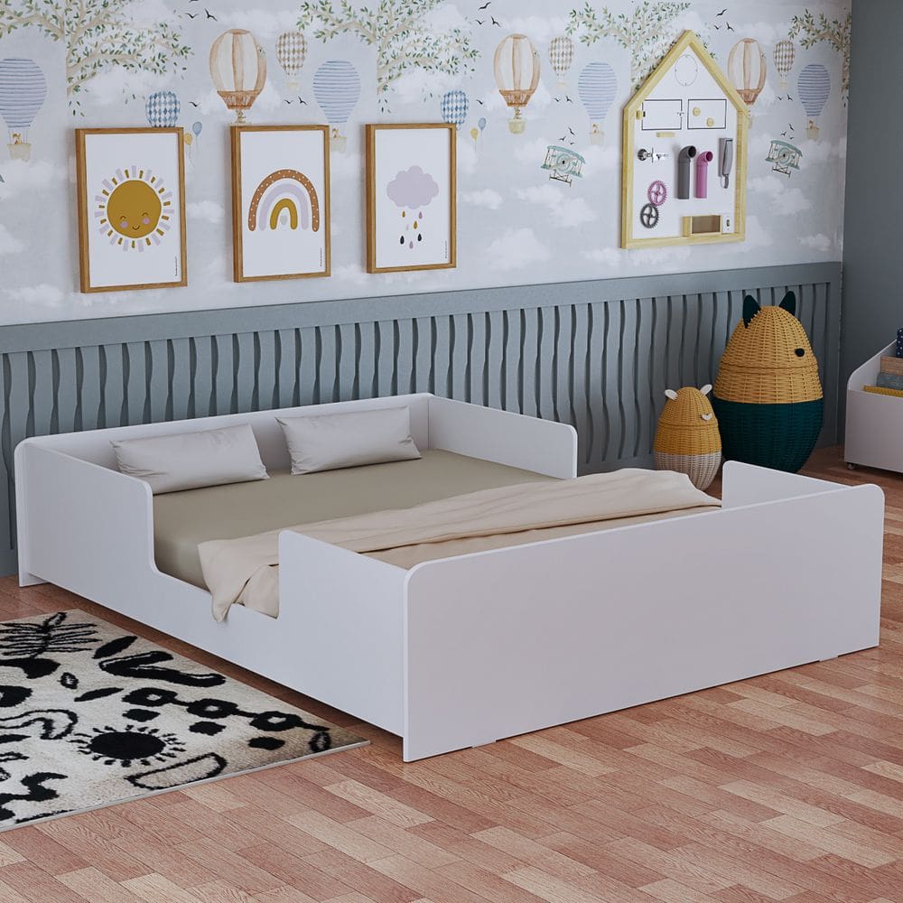 Cama Casal Montessoriana Branca Infantil Com Colchão 100% Mdf