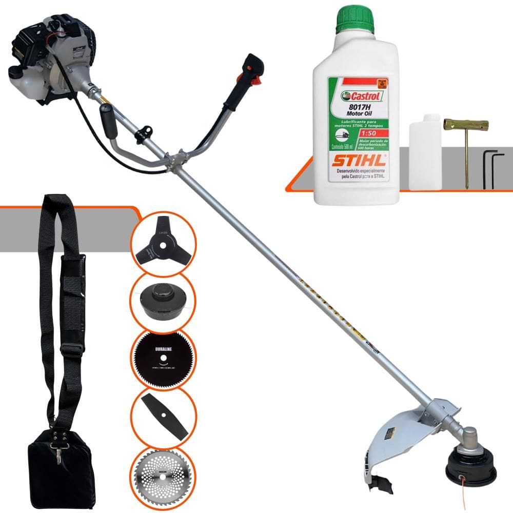Roçadeira Com Sistema Anti-Vibração Toyama TBC43-H 12.000rpm 43cc 1,7HP Completa Com 5 Opções de Cortes, Carretel de Nylon e Kit 4 Facas + ÓLEO STIHL