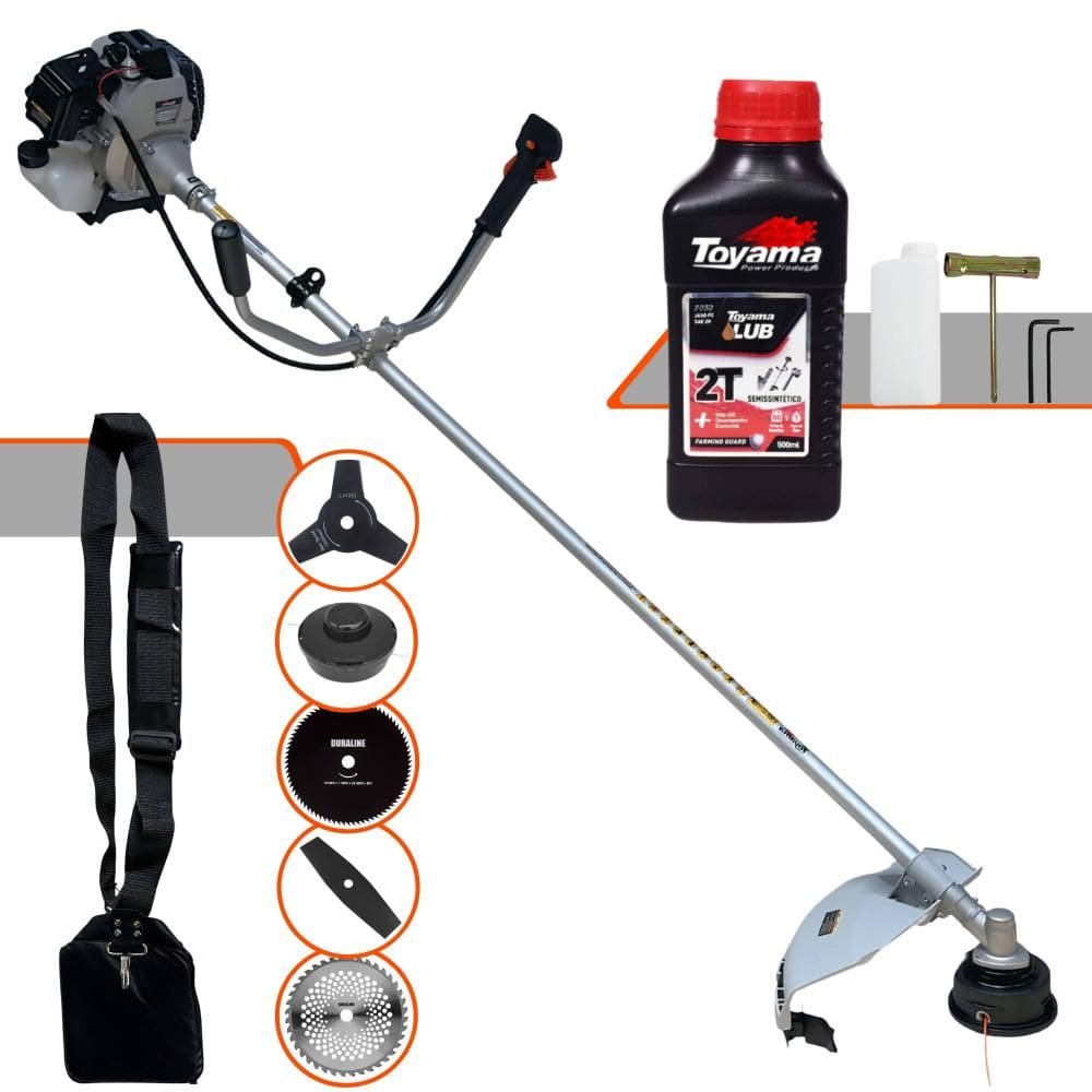 Roçadeira Com Sistema Anti-Vibração Toyama TBC43H À Gasolina 43cc 1,7HP 12.000rpm Completa 5 Em 1 Com Carretel + Kit 4 Lâminas de Corte + ÓLEO TOYAMA
