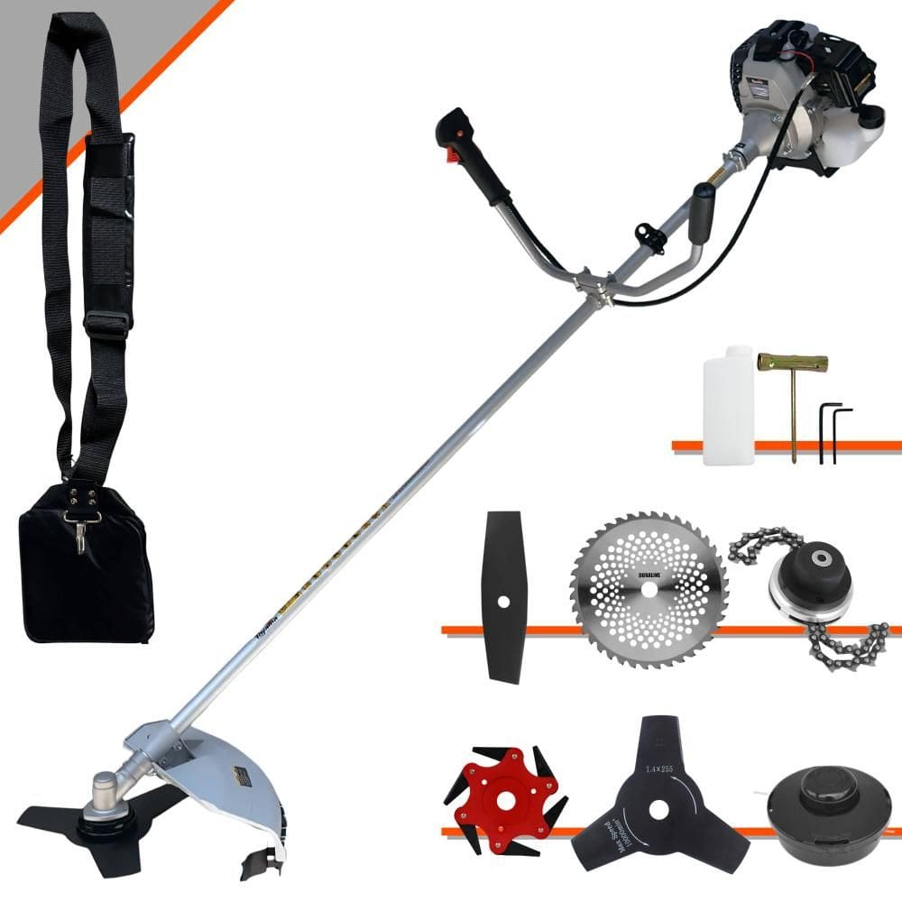 Roçadeira Com Sistema Antivibração Toyama TBC43-H À Gasolina 2 Tempos 43cc 1,7HP de Potência Alta Rotação Com Carretel Nylon + Kit 5 Lâminas de Cortes