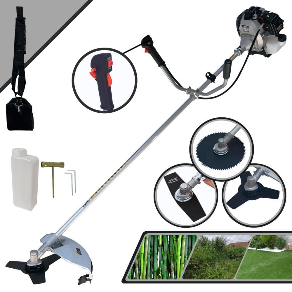Roçadeira Lateral À Gasolina TBC43H Toyama 43cc 1,7HP Alta Rotação Completa 4 Em 1 Com Carretel Nylon + Faca 2 Pontas + Faca 3 Pontas + Faca 80 Dentes