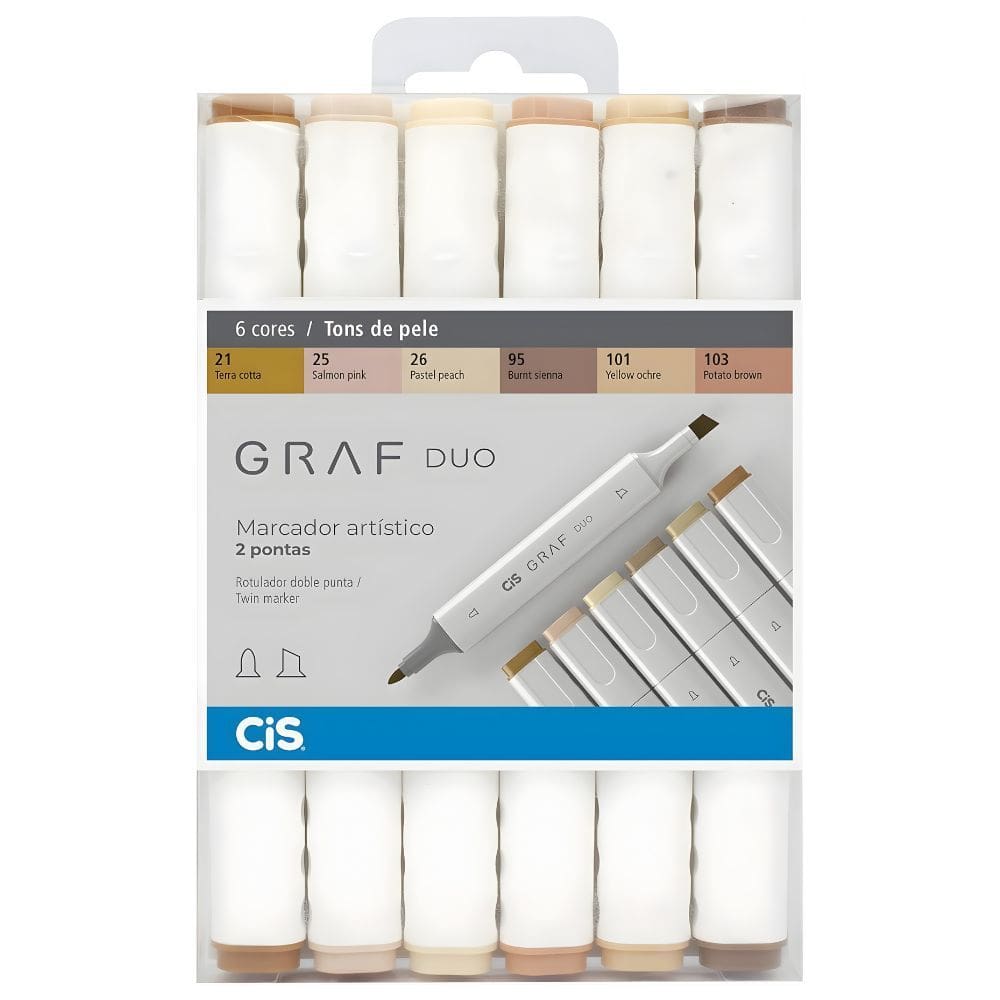 Marcador Artístico Caneta Graf Duo Ponta Dupla 6 Cores - CIS | Colorir | Pigmentado | Cores Vibrantes