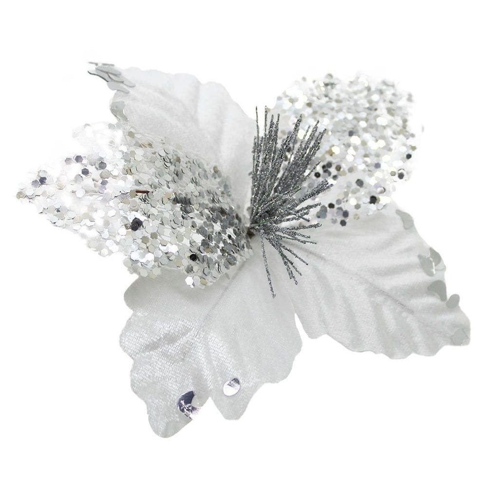 Decoração Flor De Natal Prata Artificial Com Brilho 19cm