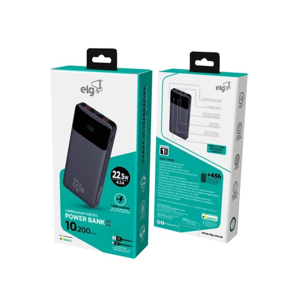 Power Bank, ELG, 10200mAh, Display Indicador, Preto, 3 Saídas USB-C e USB-A
