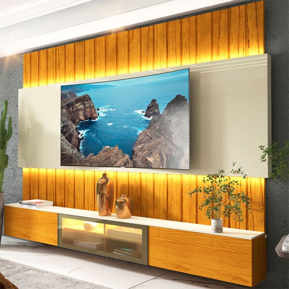 Painel para TV Até 85 Polegadas Soberano 3 Portas Ripado Autêntico 100% Mdf com Led Naturalle/Off White - Gelius