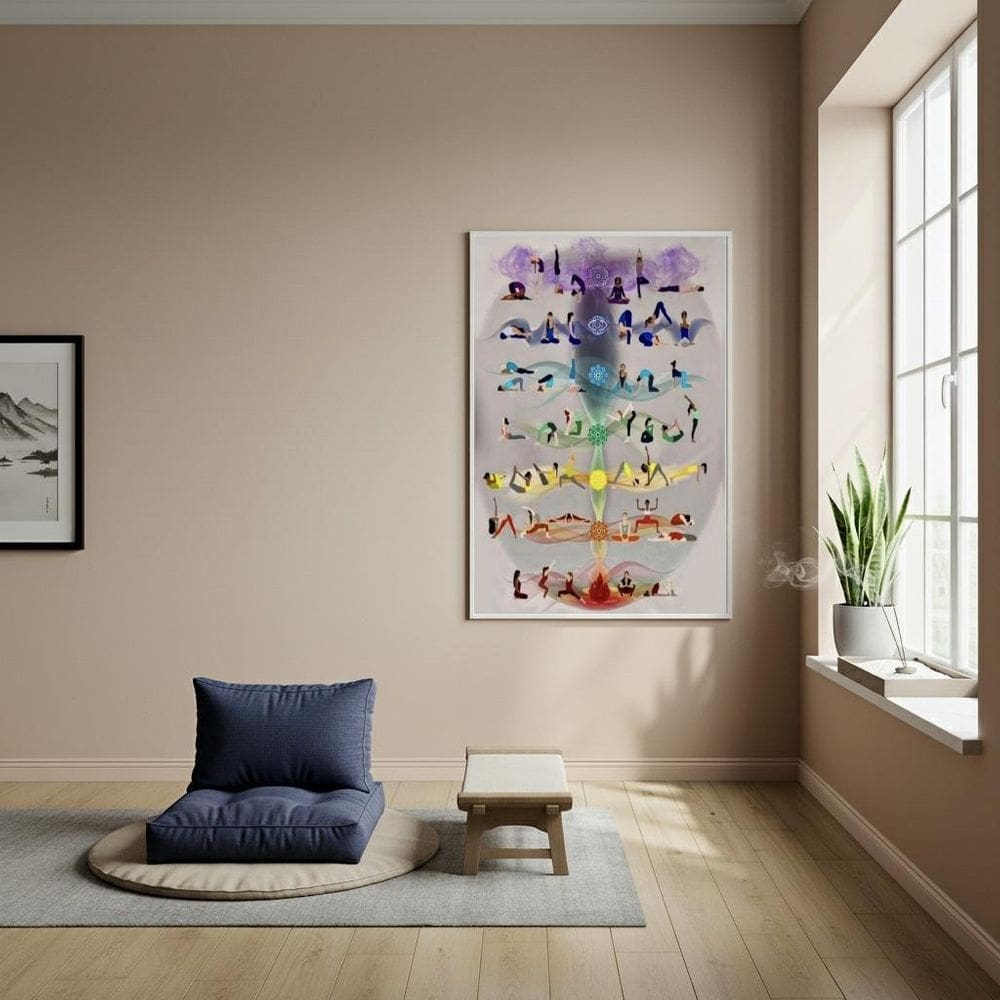 Quadro Decorativo Posturas De Yoga E Os 7 Charkras - 70X50Cm