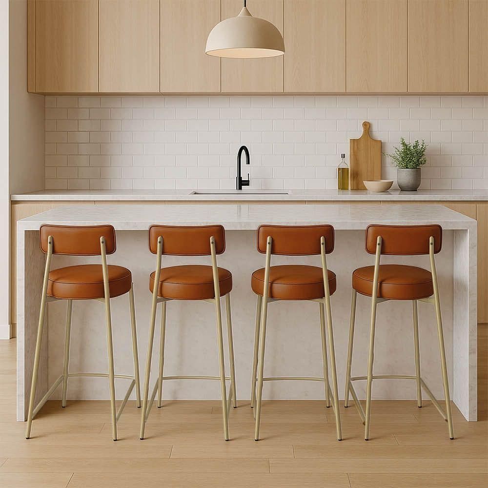 Banqueta Cozinha Alta Com Encosto Industrial Champanhe Kit 4 Londres Pu D03 - D`rossi Cor Nozes