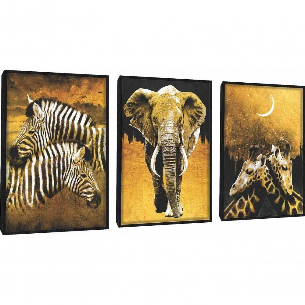 Quadro Decorativo Pintura Zebra, Elefante, Girafa Com Moldura Preto