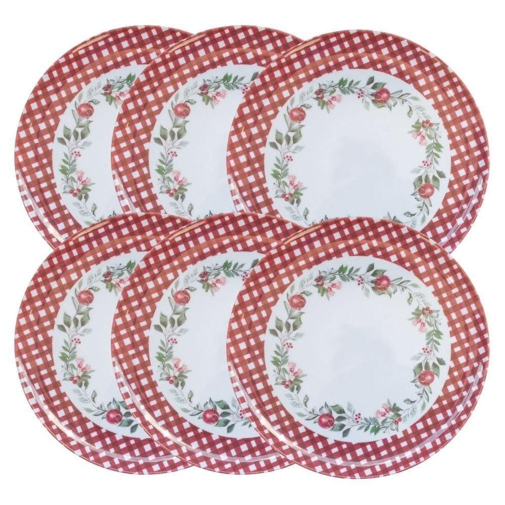 Jogo 6 Pratos De Jantar Natalino Melamina Folhagens, Azevinhos E Romã Borda Xadrez Bordô Fosco 27,5cm