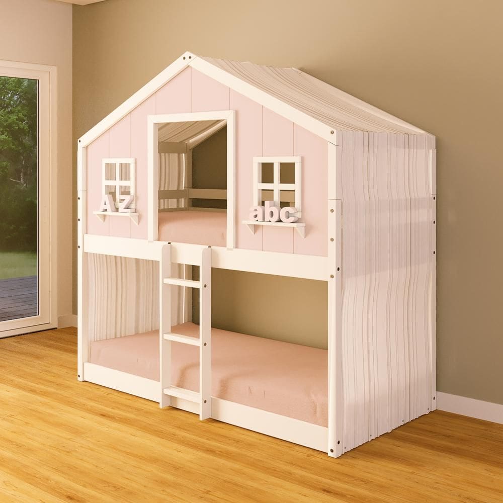 Beliche Montessoriano Casinha dos Sonhos com Cortina Madeira Maciça Rosa/Branco Housin