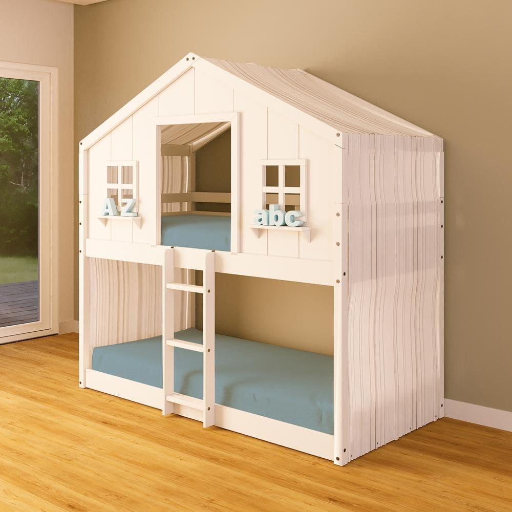 Beliche Montessoriano Casinha dos Sonhos com Cortina Madeira Maciça Branco Housin