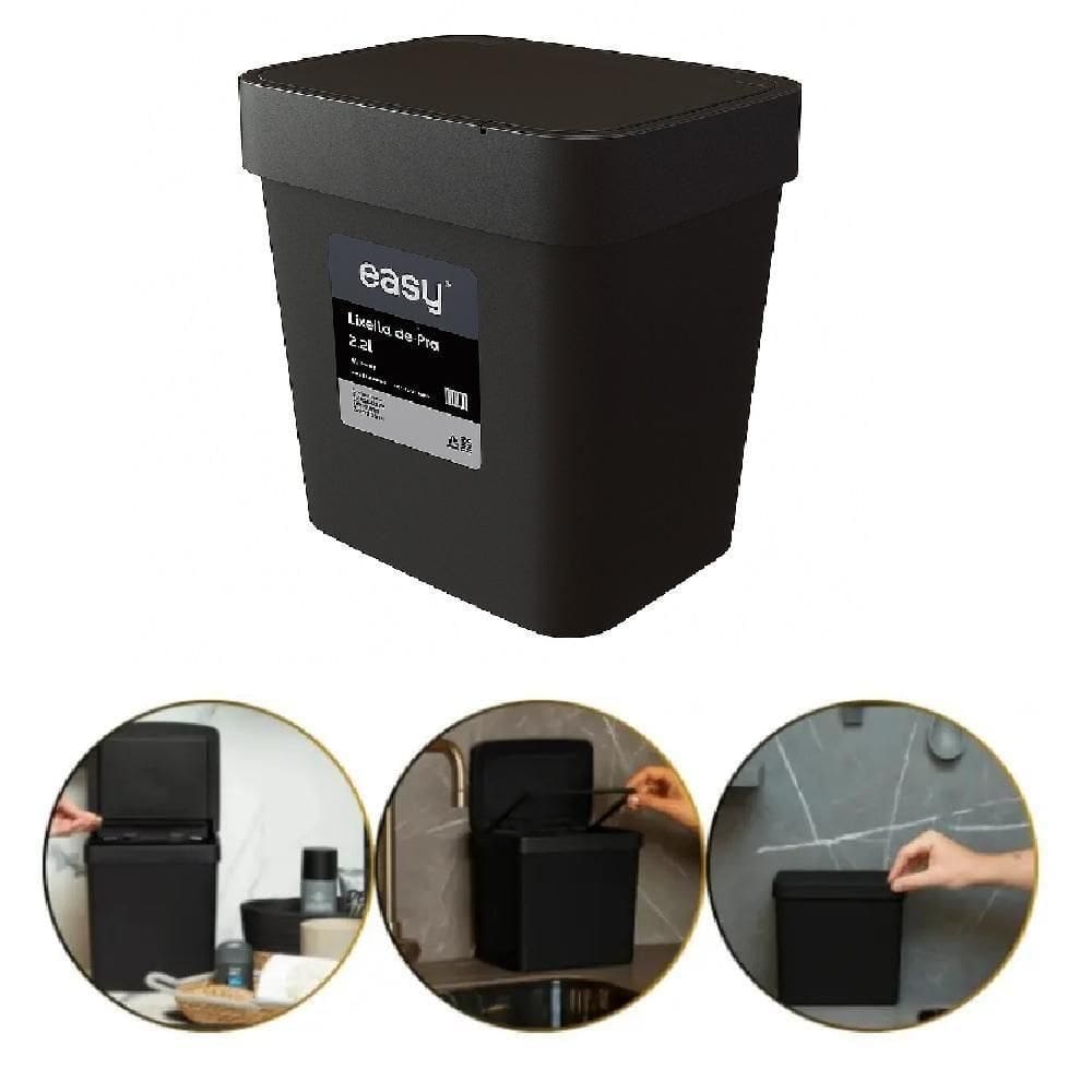 Lixeira De Pia 2,5 L Preta Compacta Com Tampa Articulada Para Cozinha, Banheiro E Escritório