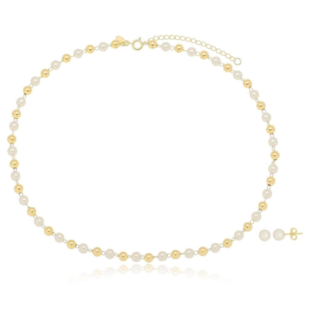 Choker E Brinco Pérola E Bola Banhado A Ouro 18K