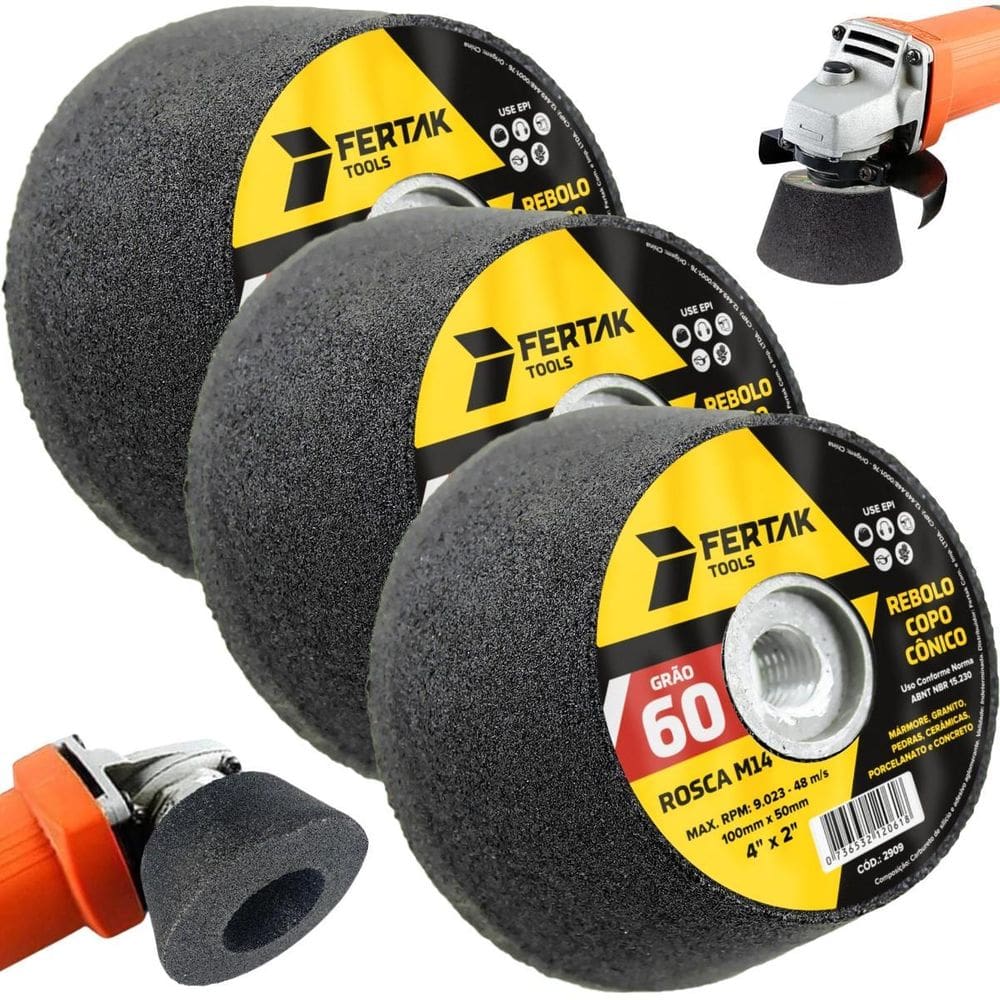 Rebolo Copo Cônico 100X50 Grão 60 Desbaste Lixa 03 Un