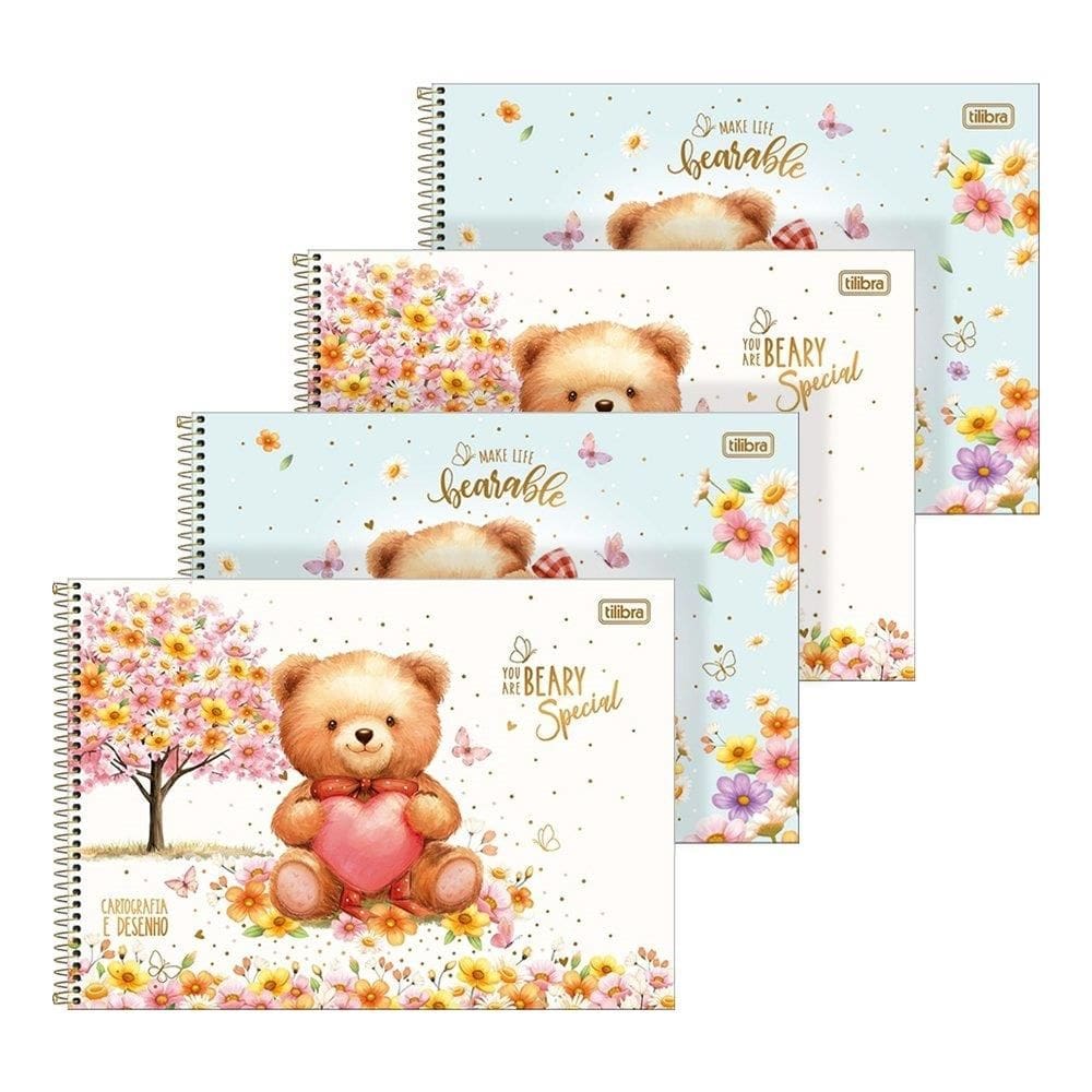 Caderno de Cartografia Tilibra Espiral Capa Dura Love Bears 80 Folhas - Embalagem com 4 Unidades