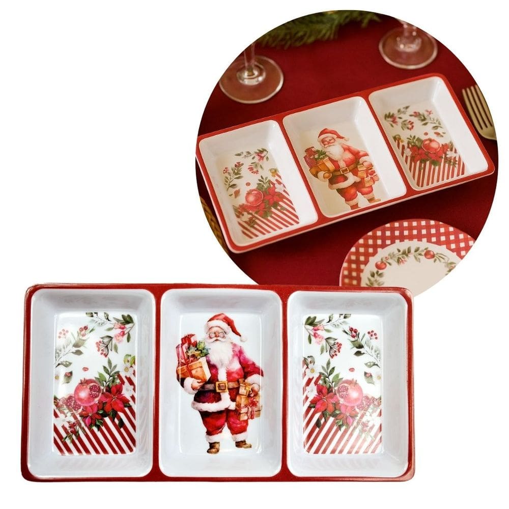 Petisqueira Natalina Retangular Melamina Estampa Papai Noel e Floral 3 Divisórias 30x16cm