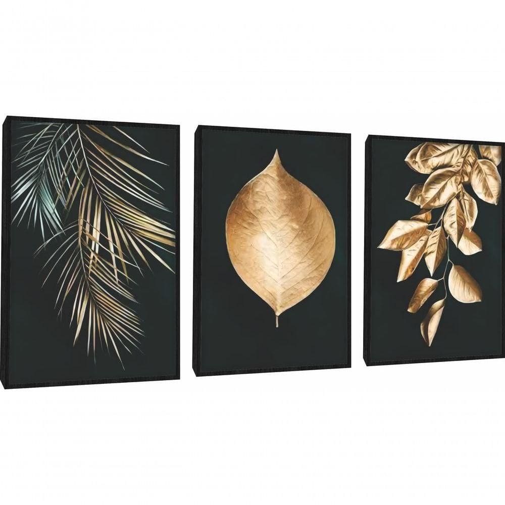 Quadro Decorativo Folhagem Dourada Gold Luxo Com Moldura Preto