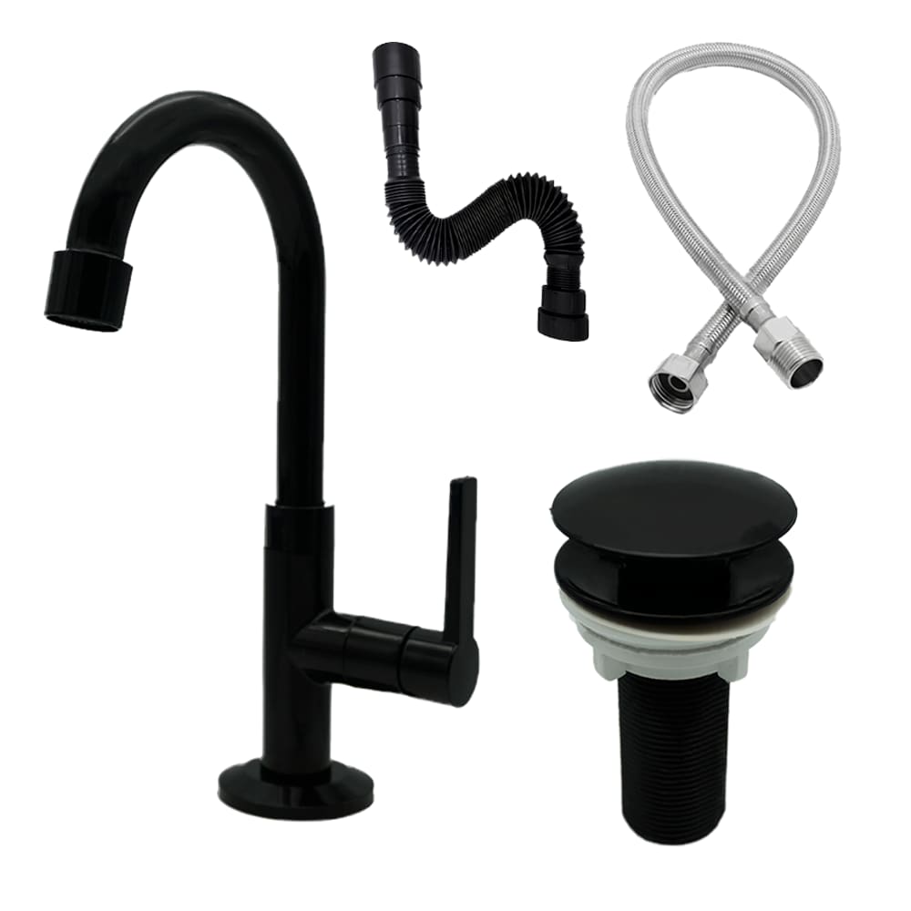 Kit Banheiro Torneira + Sifão + Válvula + Engate 40cm Preto