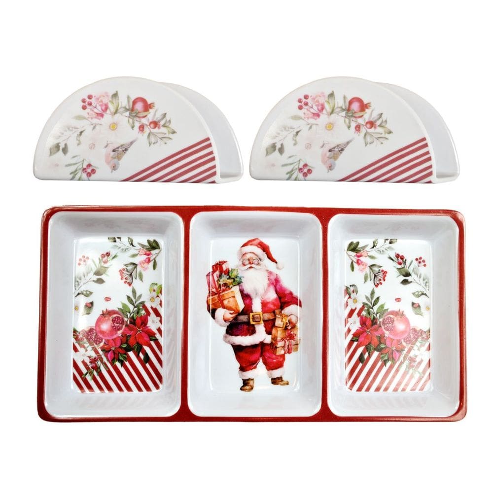 Jogo Petisqueira Retangular 3 Repartições e 2 Porta Guardanapo Melamina Estampa Natalina Prime