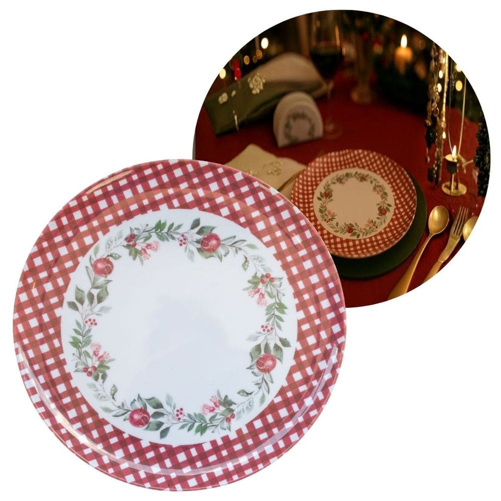 Prato de Jantar Natalino Melamina Folhagens, Azevinhos e Romã Borda Xadrez Bordô Fosco 27,5cm