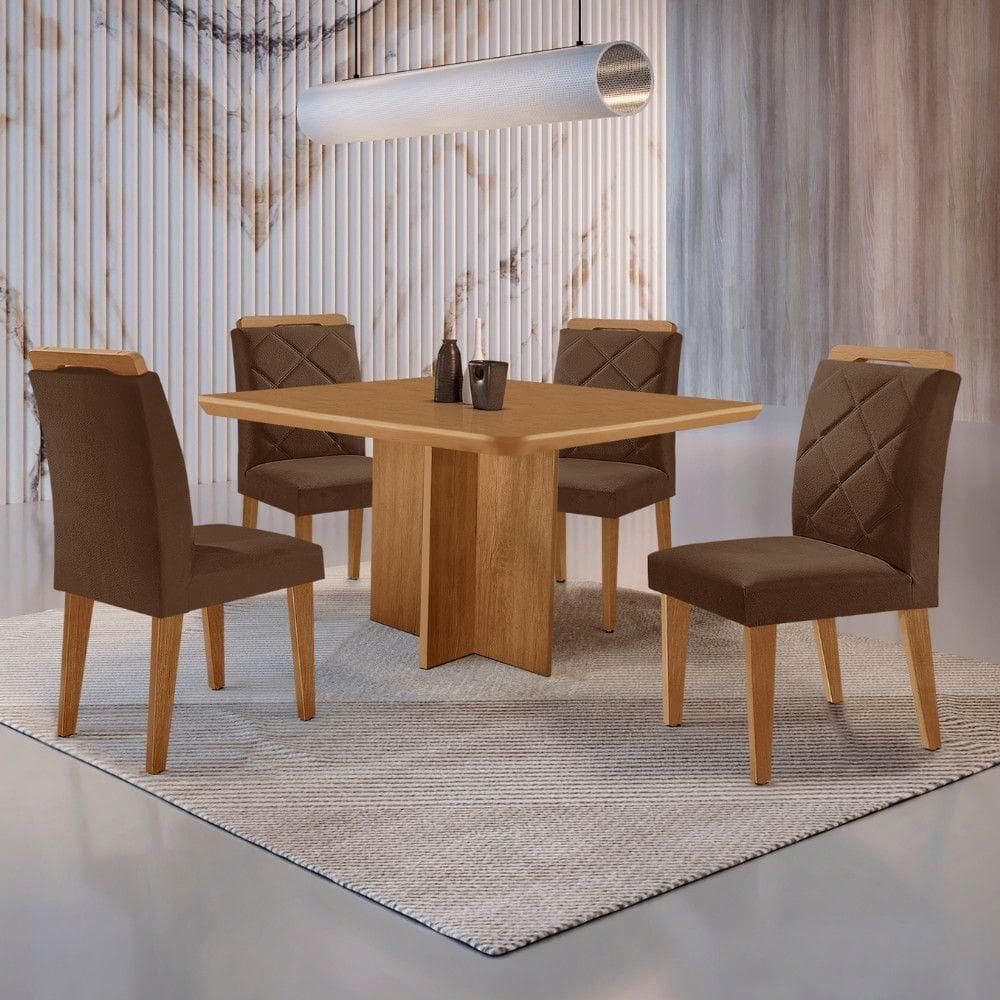 Mesa Olimpia 90 Mdf Canto Copo E Com 4 Cadeiras Melissa Veludo Marrom Naturalle