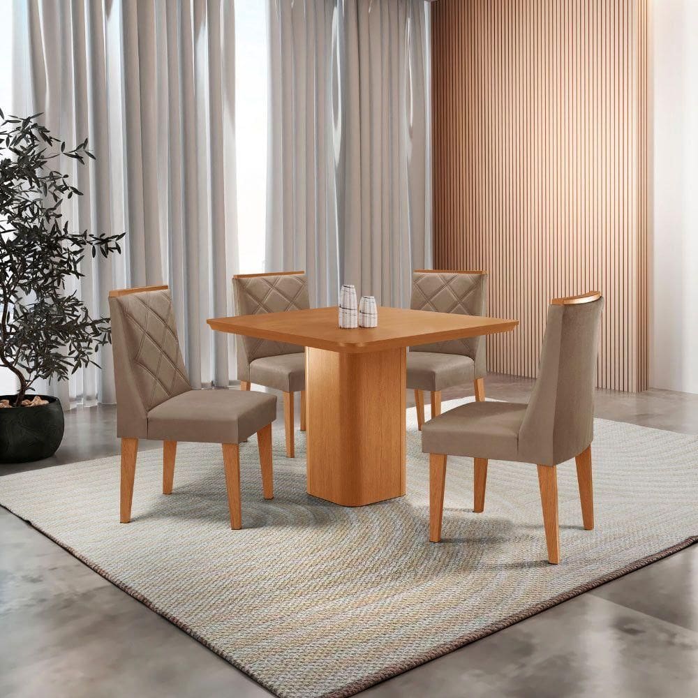Mesa De Jantar Eloise Canto Copo 4 Cadeiras Isadora Moderna Veludo Capuccino/naturalle