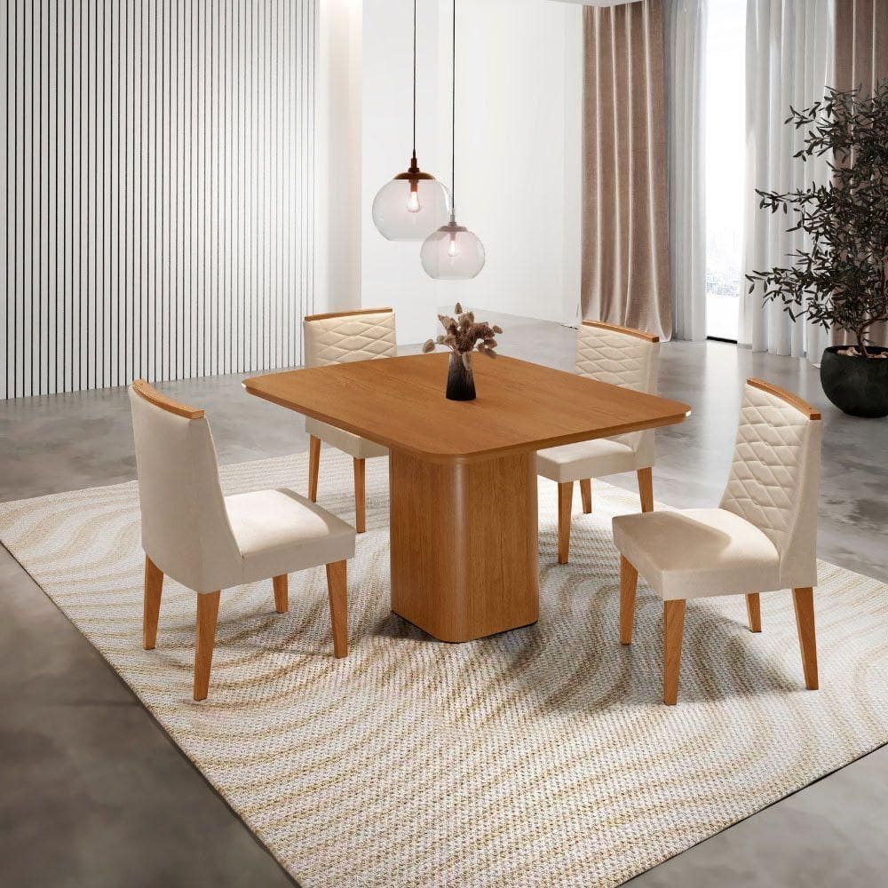 Mesa De Jantar Eloise Canto Copo 4 Cadeiras Moderna Mobília Veludo Creme/