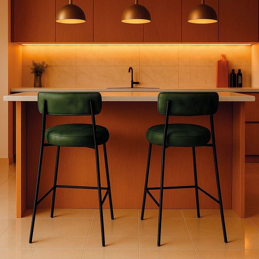 Banqueta Cozinha Alta Com Encosto Industrial Preto Kit 2 Londres Pu D03 - D`rossi Verde