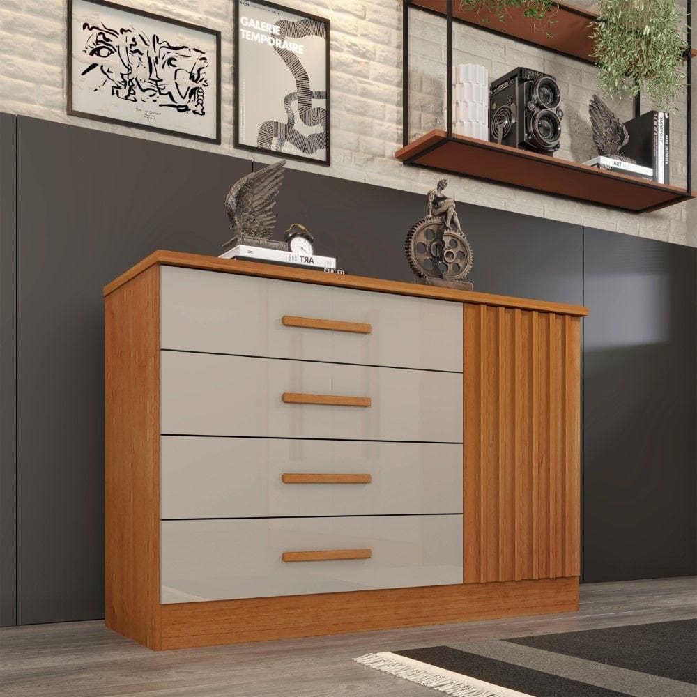 Cômoda Barcelona 4 Gavetas E 1 Porta Ripada Tcil Cor:cinamomo-off