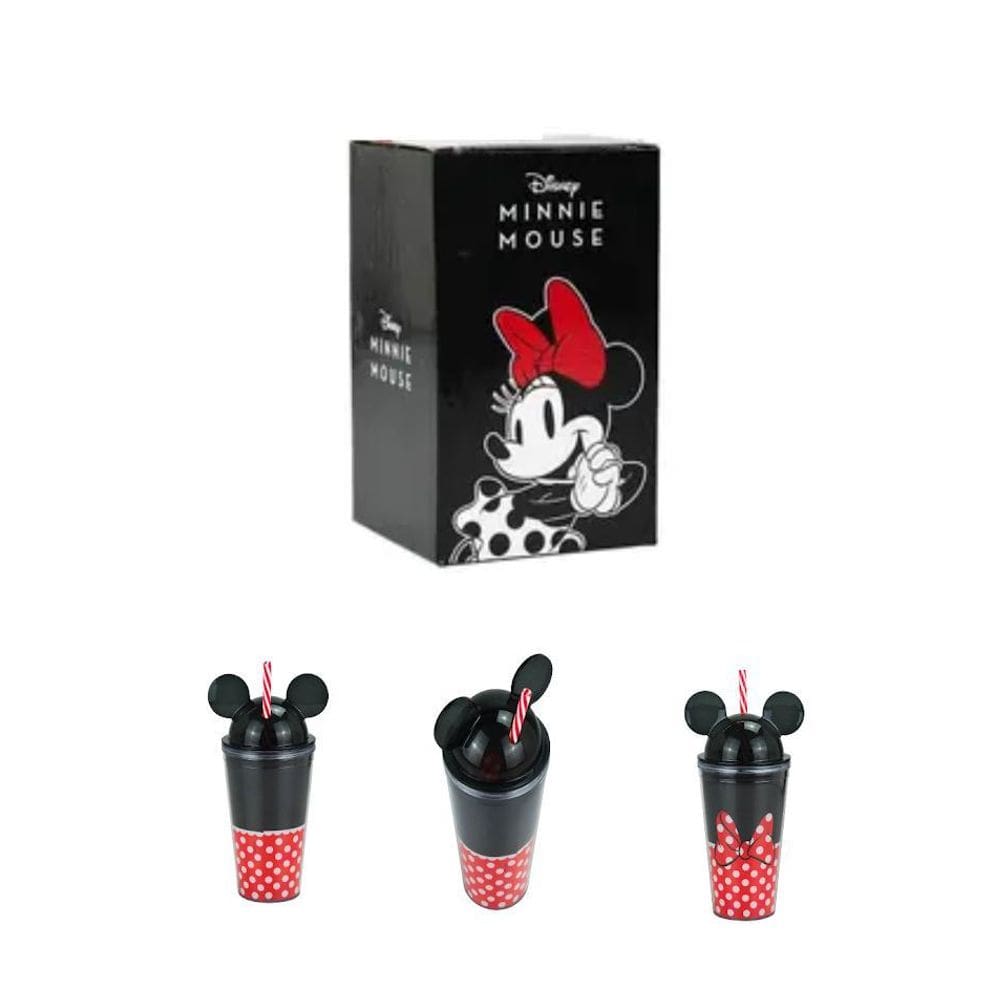 Copo Preto Com Canudo E Orelhas Disney Minnie Lindo 450Ml