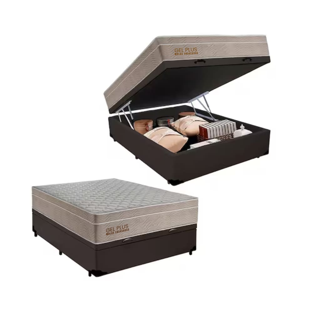 Cama Box Baú Casal Sintético + Colchão Molas Ensacadas Gel Plus Whc 138x188x67 Marrom