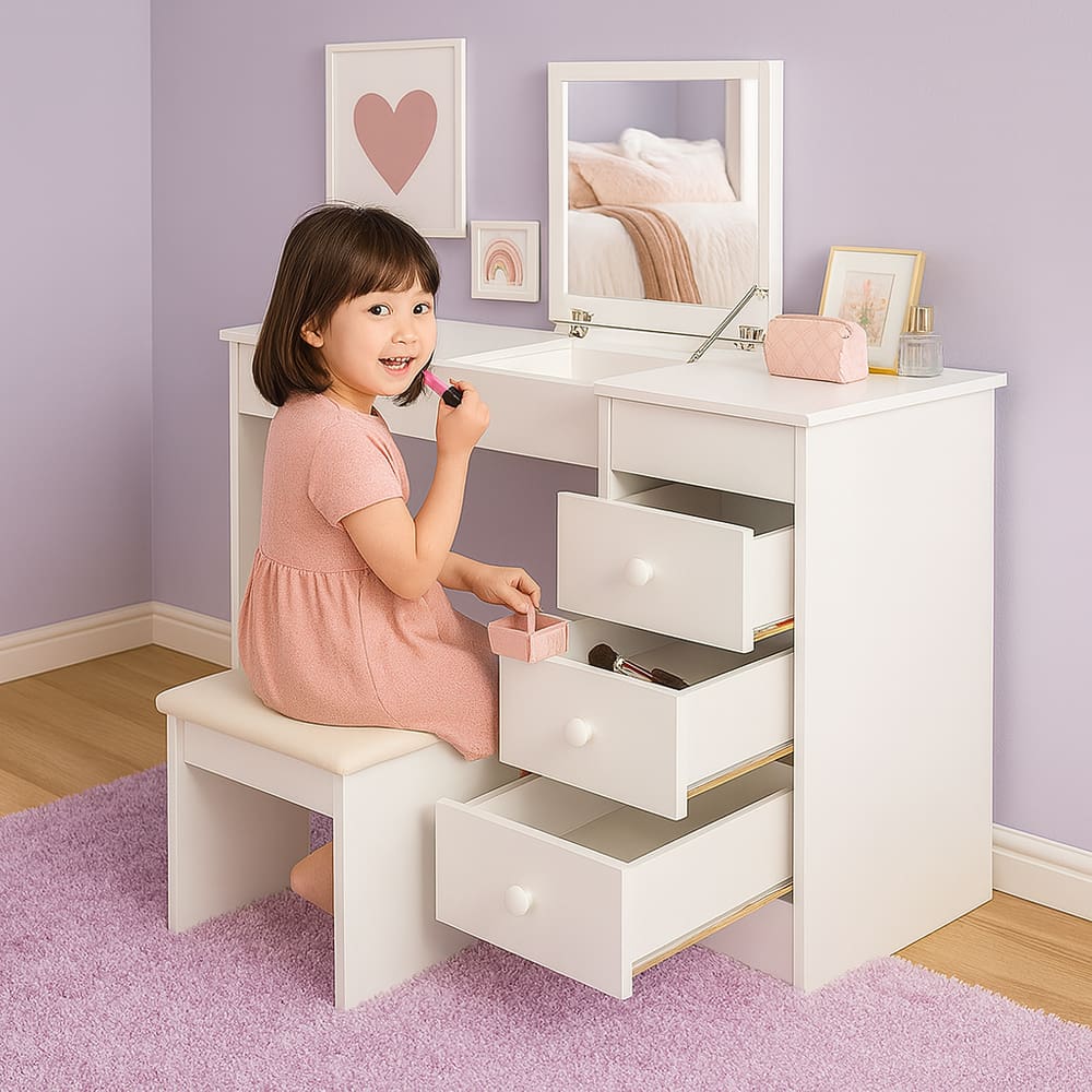 Penteadeira 2 Em 1 que vira Escrivaninha Com Espelho Gaveta E Banqueta