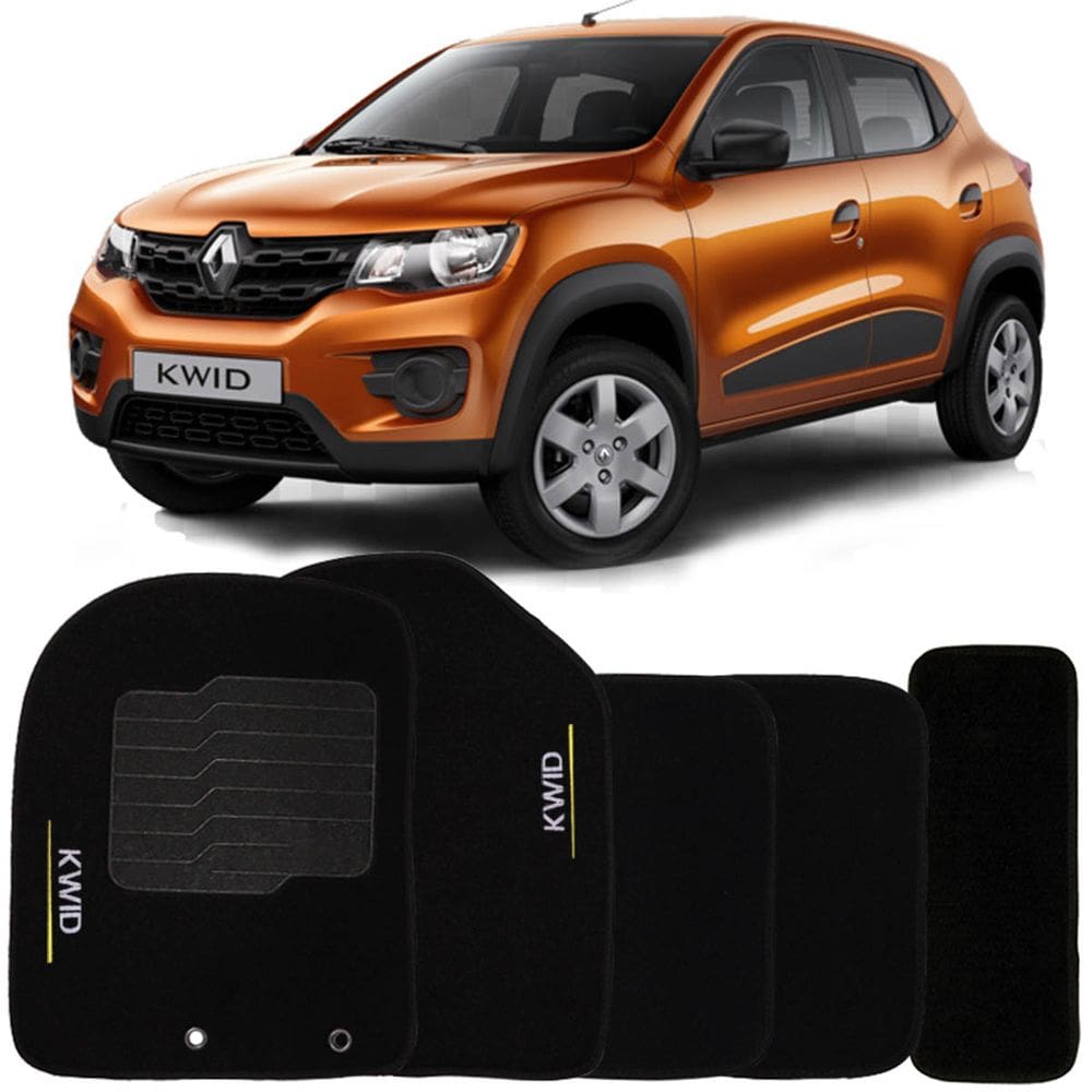 Jogo Tapete Automotivo Carpete + Lixeira Renault Kwid 2017 à 2019 Soft Logo Bordado Preto 6 Peças