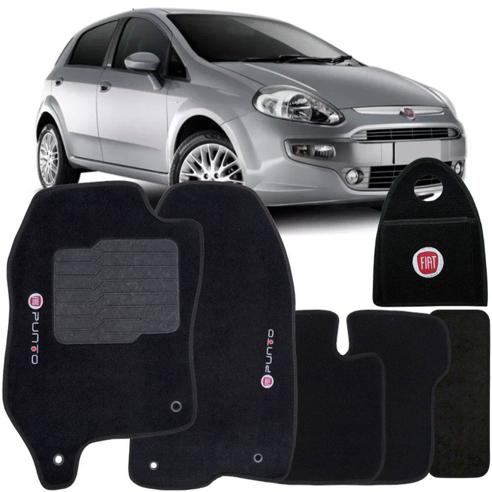 Jogo Tapete Automotivo Carpete + Lixeira Fiat Punto 2012 à 2018 Soft Logo Bordado Preto 6 Peças