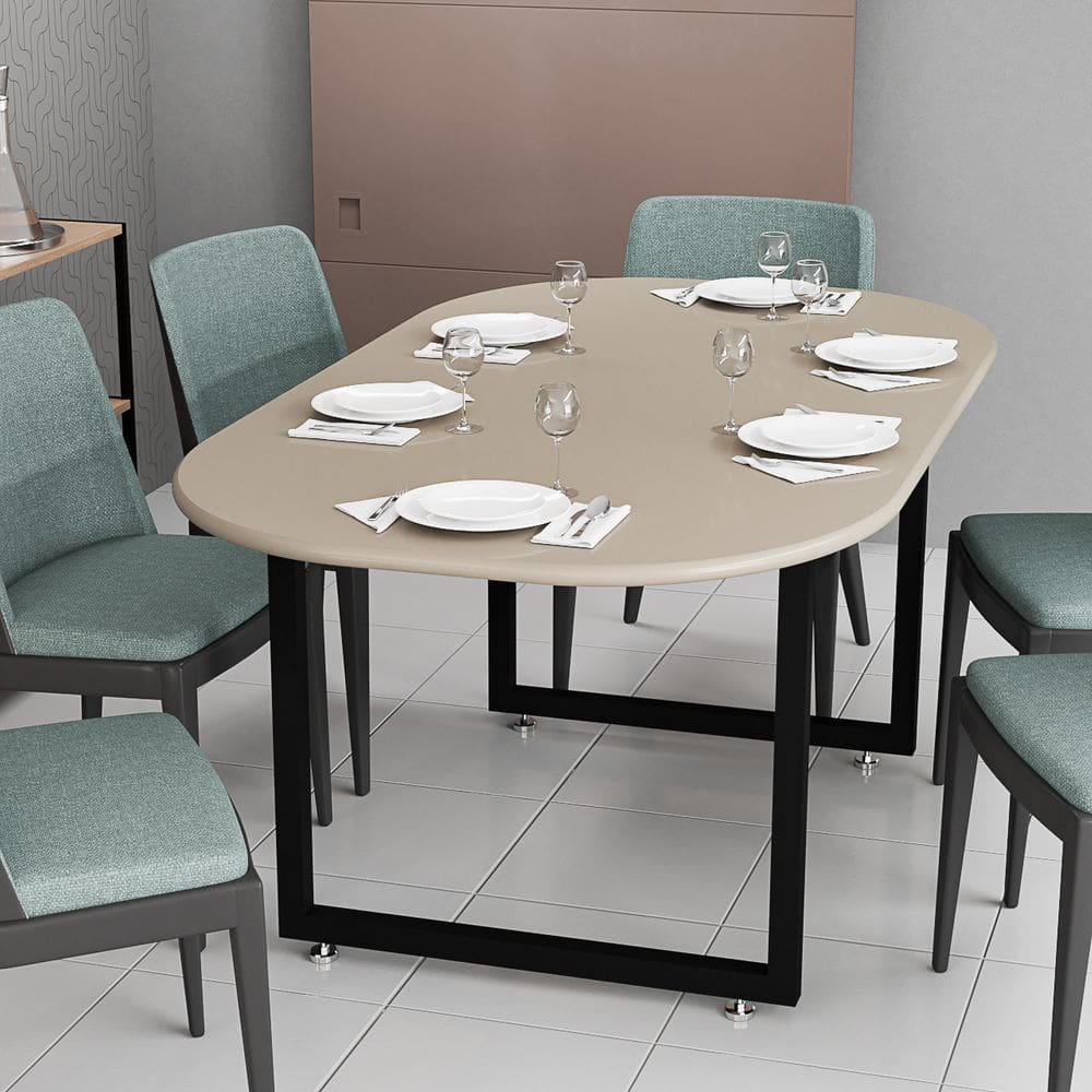 Mesa De Jantar Moderna Com Base Metálica 6 Lugares Oval