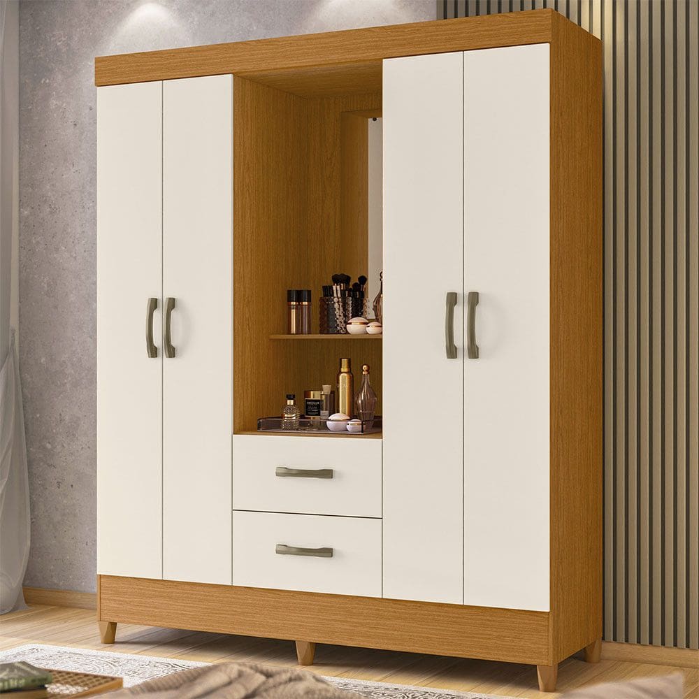 Guarda Roupa Solteiro Malibu com 4 Portas e 2 Gavetas com Espelho Moveis Albatroz