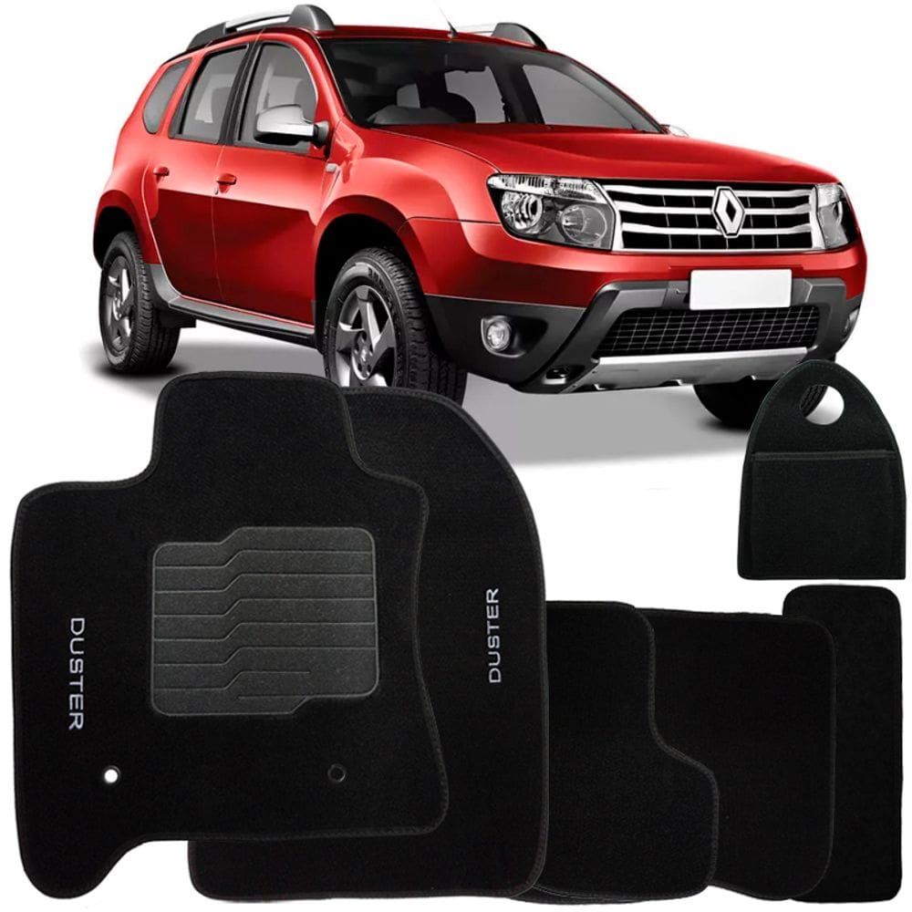 Jogo Tapete Automotivo Carpete + Lixeira Duster 2011 à 2015 Soft Logo Bordado Preto 6 Peças