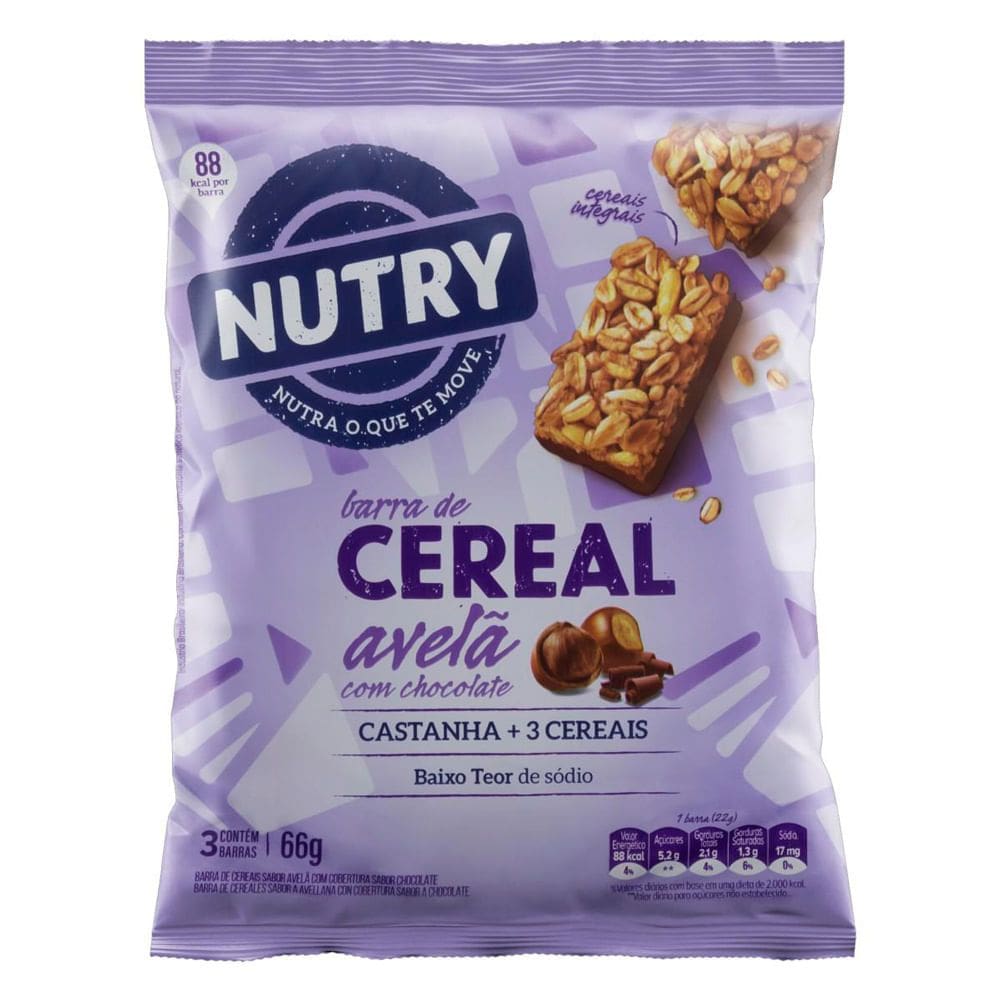 Barra de Cereal Nutry Avelã com Chocolate com 3 Unidades de 22g Cada