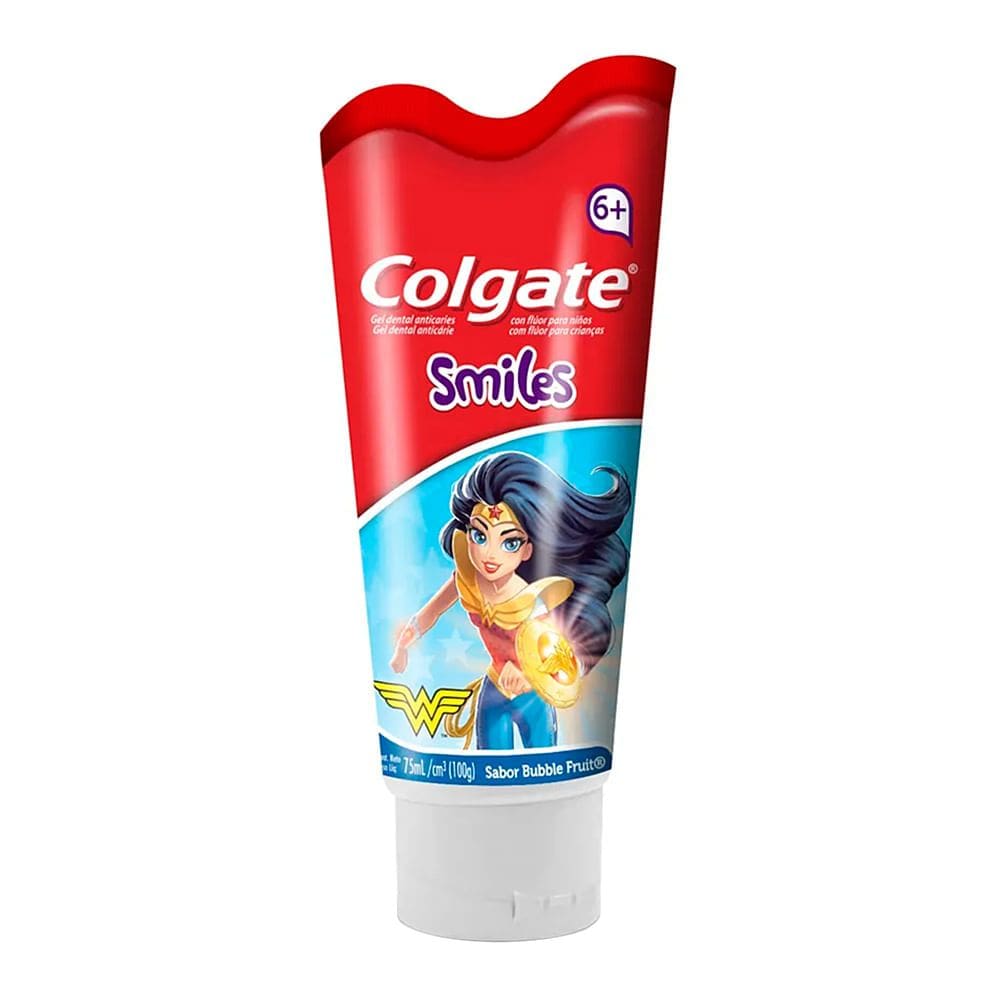 Gel Dental Infantil Colgate Smiles Liga da Justiça Personagens com Flúor Sabor Bubble Fruit 100g