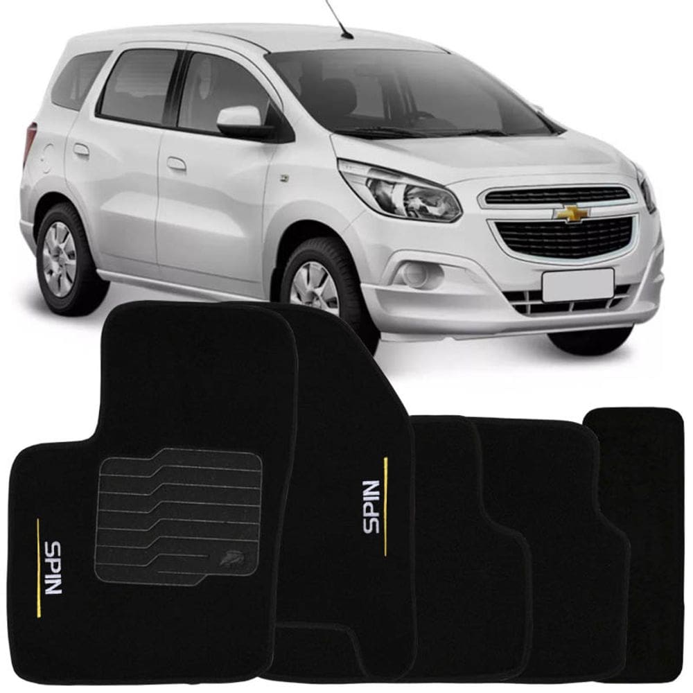 Jogo de Tapete Automotivo Carpete Chevrolet Spin 2012 à 2018 Soft Logo Bordado Preto 5 Peças