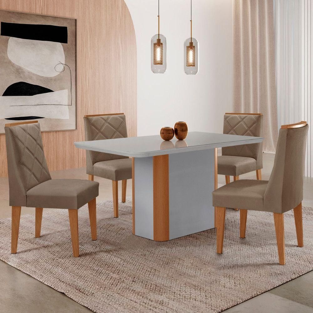 Mesa De Jantar Isadora 120cm Tampo Mdf Vidro Com 4 Cadeiras Veludo Capuccino Off White Serigrafia