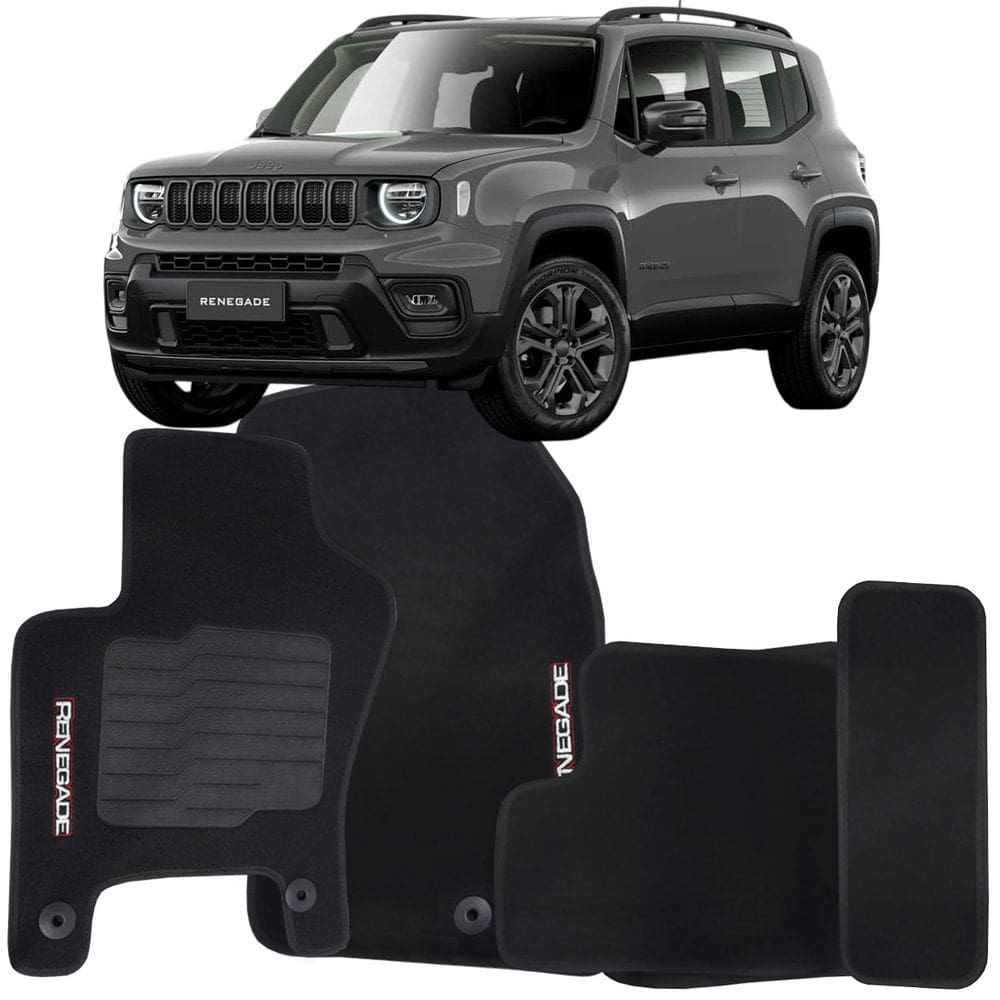 Tapete Carpete Renegade 2015 à 2025 Preto Logo Bordado Jogo 5 Peças Personalizado Automotivo