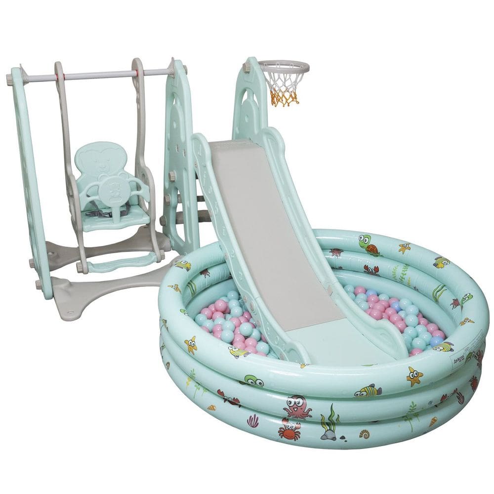 Playground Infantil 4 em 1 Escorregador Balanço Cesta Basquete Piscina Bolinha Importway Verde
