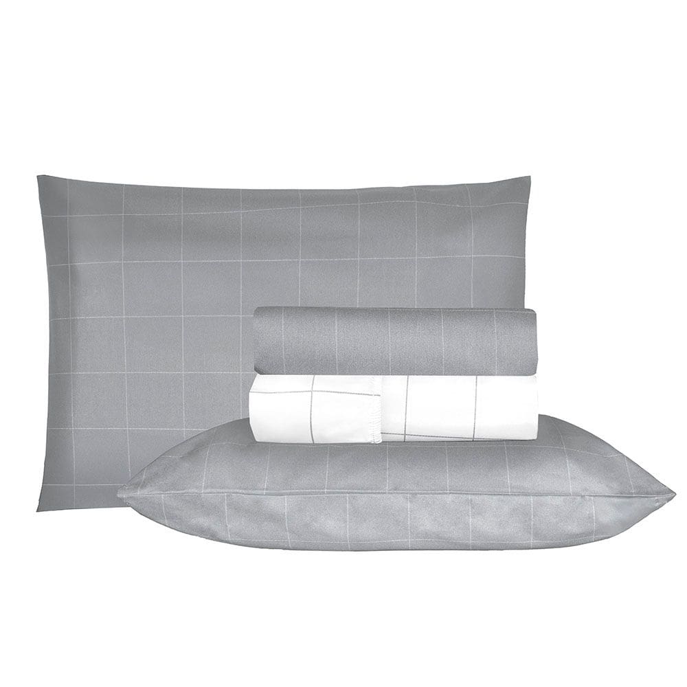 Jogo de Cama Duplo Casal 4 Peças Percal 180 Fios Grid Cinza Sonhare Prata