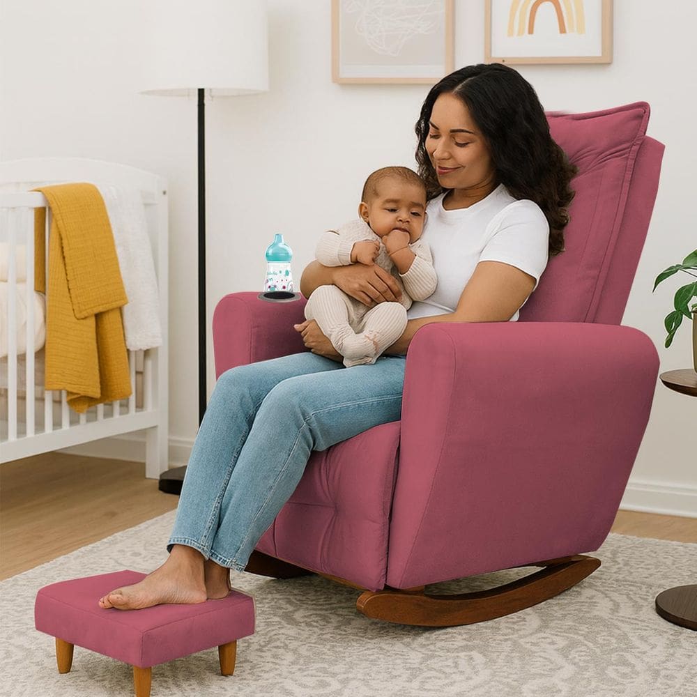 Poltrona Cadeira de Amamentação Balanço e Puff Ternura Rosa