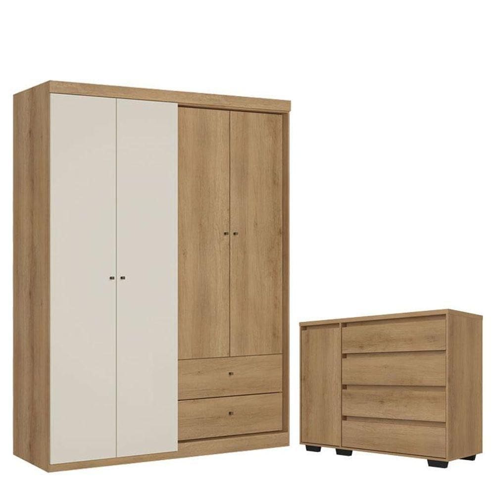 Guarda Roupa Solteiro Star 4 Portas Capuccino Off White E Cômoda Com Porta Aurora Cappuccino Acetinado - Thb