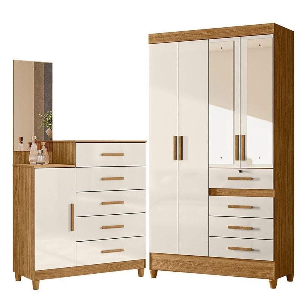 Guarda Roupa Solteiro Sobral Com Espelho E Cômoda Lisboa Freijó Off White - Moval