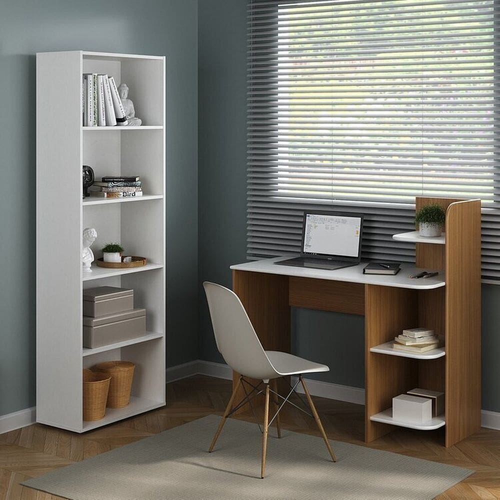 Conjunto Sala de Estar Escrivaninha e Estante 5 Prateleiras Espaçosas Multy Branco