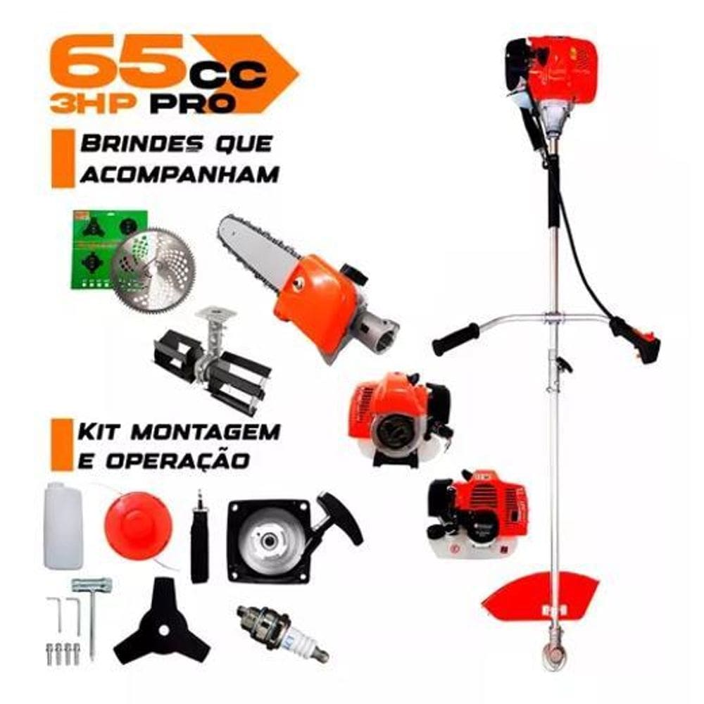 Roçadeira Á Gasolina 65Cc 3Hp Enxada + Motopoda + Disco 80D