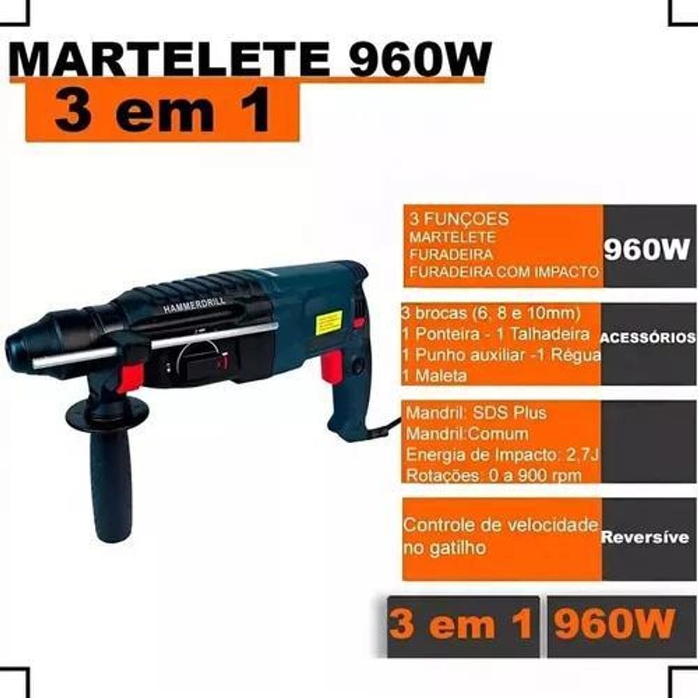 Martelete Rompedor 960W Função Furadeira Impacto Reversível